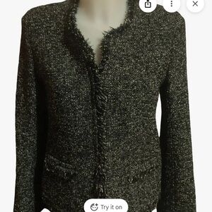 Gerard Darel Tweed Jacket Black White Size 42 Fringe Blazer